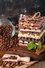 An assortment of white, dark, and milk chocolate