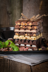 An assortment of white, dark, and milk chocolate