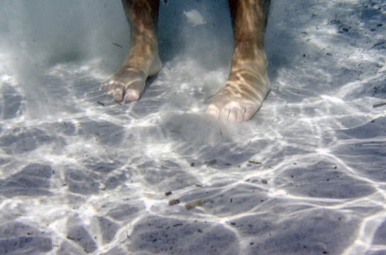 Male feet underwater in the sea