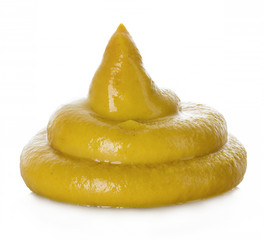 Handful original american smooth yellow mustard sauce on a white background.