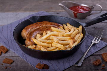 french fries and homemade sausage