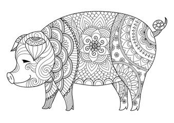 Drawing zentangle pig for coloring book for adult or other decorations
