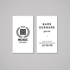 Obraz premium Music studio business card design concept. Music studio logo with music speaker and wreath. Vintage, hipster and retro style. Black and white.