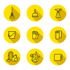 Cleaning outline black and yellow vector circle icons set. Modern minimalistic design. Part two.