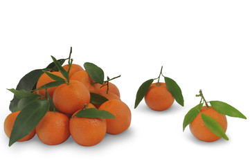 Pile of mandarines with green leaves isolated on white background