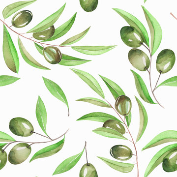 A seamless pattern with the isolated branches of green olives, painted hand-drawn in a watercolor on a white background