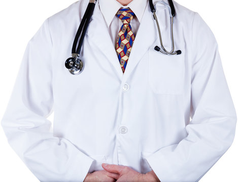 Partial front view of doctor with stethoscope and white jacket 