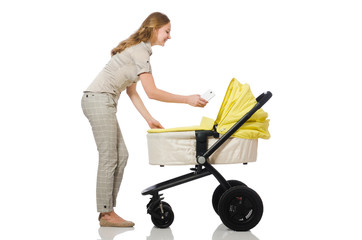 Woman with baby and pram isolated on white