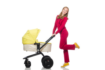 Woman with pram isolated on white