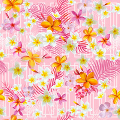 Geometric Tropical Flowers and Leaves Background - Vintage Seamless Pattern