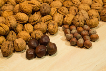 Walnuts on a rustic wooden table