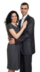 Happy couple portrait at studio dressed in classic clothes