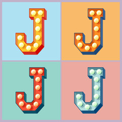 Vector light up colorful flat lamp alphabet. Letter J