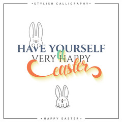 Happy easter. Rabbit looks and greeting calligraphy. Easter bunny