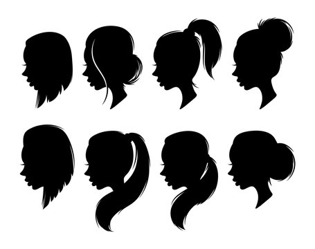 Set of female elegant silhouettes with different hairstyles for design
