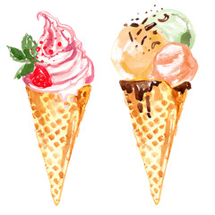 Ice cream cone painted with watercolors on white background. Waffle cone, cream and ice cream balls