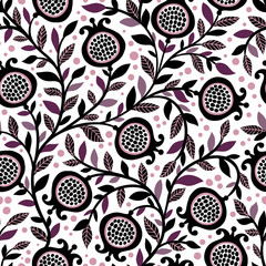Seamless floral pattern with decorative pomegranate fruits and leaves. Vector seamless illustration with berries on a white background.