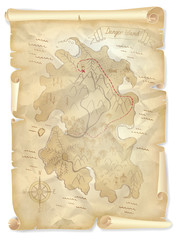 Old pirates treasure island map with marked location, vector illustration