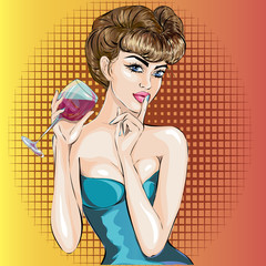 Shhh pop art sexy woman face with finger on her lips and glass of wine - 100983790