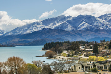 beautiful top view land scape of lake wanaka town in cloudy day
