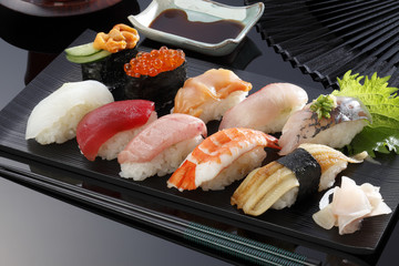 Japanese seafood sushi /many tasty fresh japanese sushi with tuna, caviar and shrimp