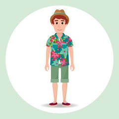 Cute hipster boy character with summer clothes and a hat. Hawaiian shirt.