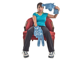 Humorous photograph of an adult female sports fan with a foam finger declaring 