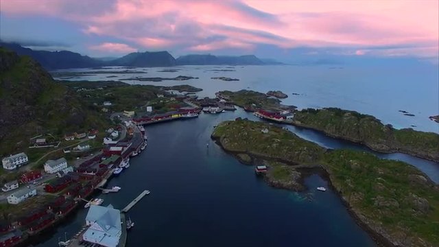 Aerial footage of Stamsund in the evening, picturesque town on Lofoten islands in Norway. Aerial 4k Ultra HD.