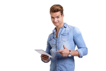 Young man using touchpad on white background
