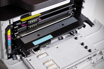 Close up of color laser printer toners cartridges