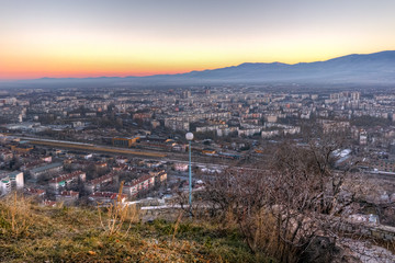 Amazing twilight Panorama of city of Plovdiv from Dzhendem tepe hill, Bulgaria