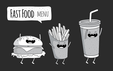 Fast food menu. Cola, hamburger and French fries. Vector Illustration