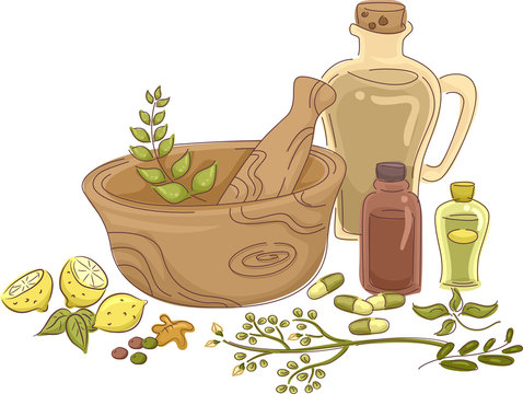 herbal medicine ingredients, brown mortar, lemons clip art preview