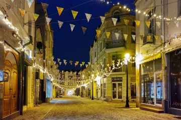 Fototapeten Amazing Night photo of  street in district Kapana, city of Plovdiv, Bulgaria  © Stoyan Haytov