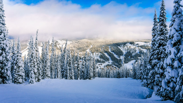 The village of Sun Peaks viewed from the ski slopes of Mount Morrisey in the Shuswap Highlands of British Columbia, Canada