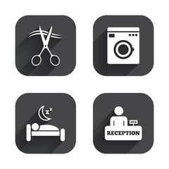 Hotel services icon. Washing machine, hairdresser.