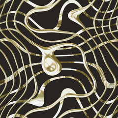 Abstract seamless pattern of silver grid and metal teardrop on a black background