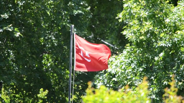 Waving flag of Turkey under sunny blue sky