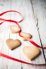 Homemade Heart Shape Cookies With Red Ribbon.