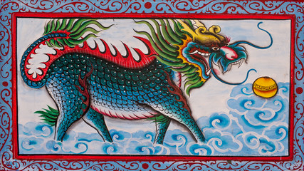 Chinese art the Colorful of old painting dragon on wall