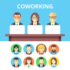 Fototapeta premium Coworking flat illustration and flat avatar icons set