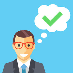 Happy man and thought bubble with checkmark flat illustration