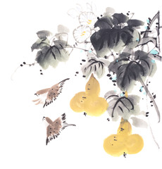 Chinese style traditional painting - gourd and bird