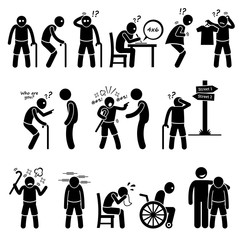 Alzheimer and Dementia Elderly Old Man Stick Figure Pictogram Icons