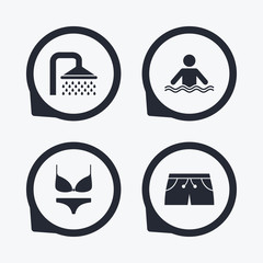 Swimming pool icons. Shower and swimwear signs.