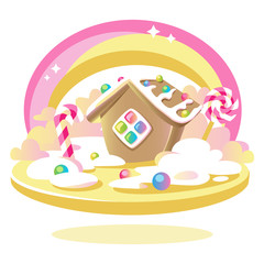 Sweet gingerbread house, candy and rainbow