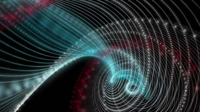 Futuristic video animation with particle stripe object in motion, loop HD 1080p