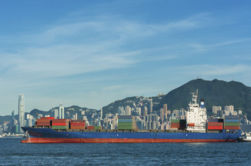 Container ship in Victoria Harbor of Hong Kong