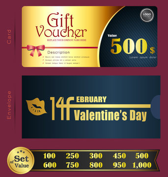 Valentine Day Gift voucher template with premium pattern and envelope design  Can be used for coupon,discount,ticket,certificate,gift,card, background design template,Vector illustration