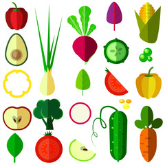 set of vegetables as onion, tomato, cucumber, broccoli, corn, peas, carrot isolated on white background